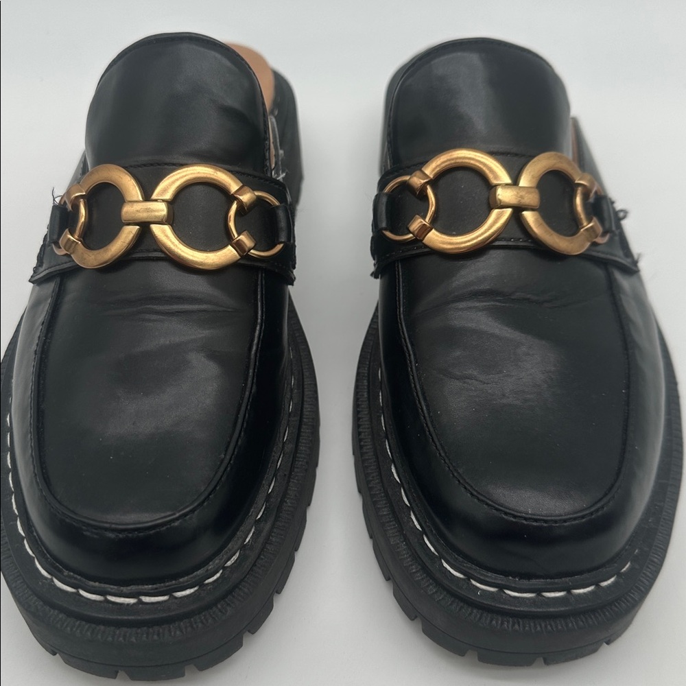 Black Leather Slip-On Mule Loafers with Gold Chain Detail - Picture 8 of 16